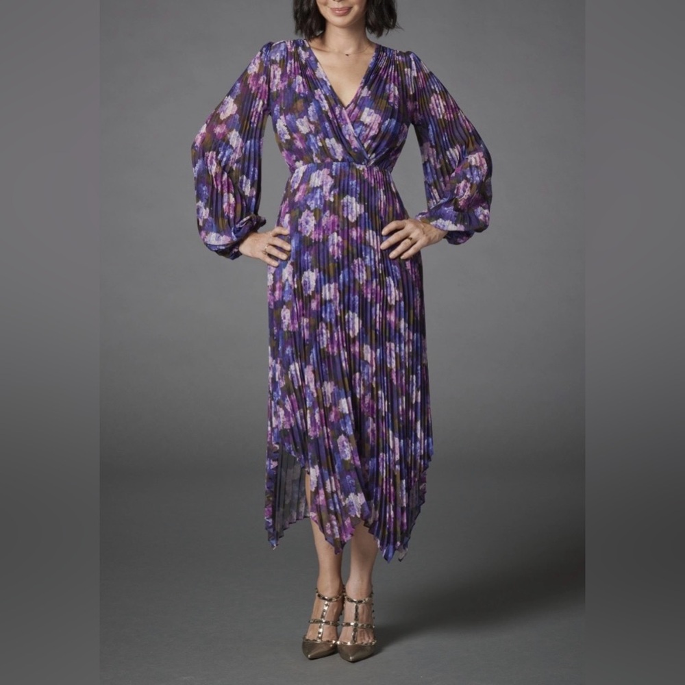 $450 NWT Small The Kooples Watercolor Floral Pleated Midi Dress Size 2 EU